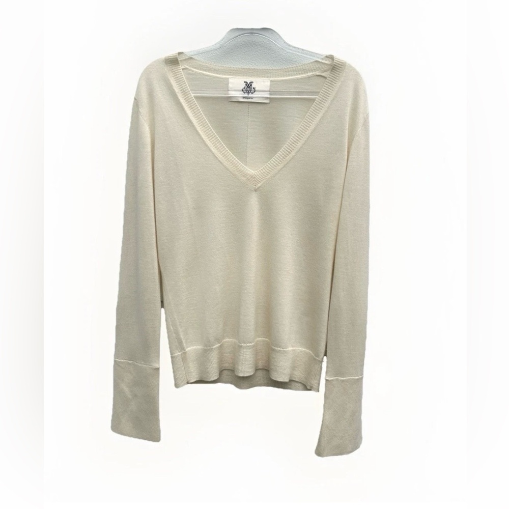 Dmn Paris 100% Cashmere Sweater Women Ivory Cream Sz 3/Large V-neck Quiet Luxury
